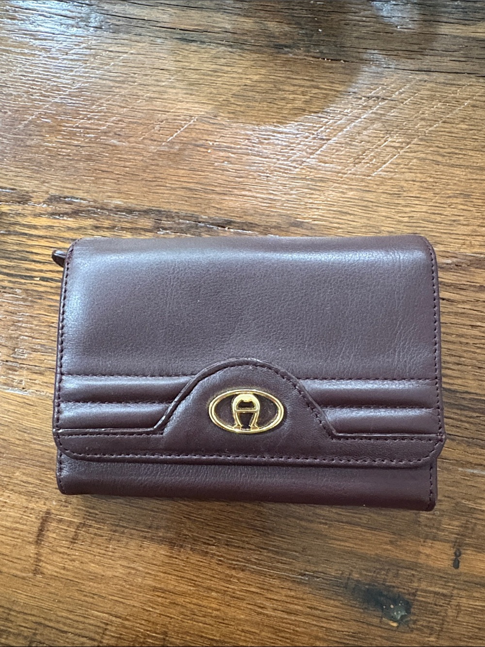 Vintage Etienne Aigner Dark Brown Leather Trifold Wallet with Gold Logo
